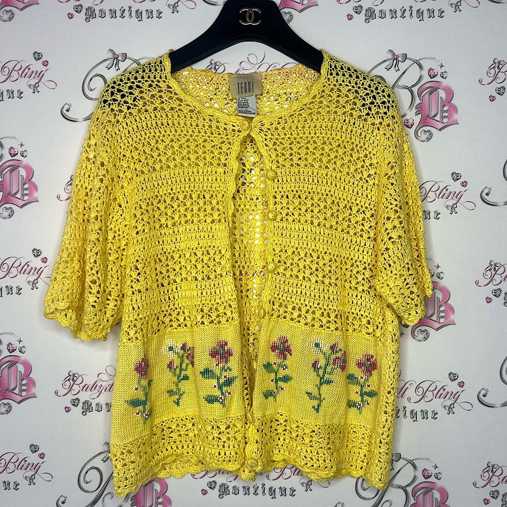 Teddi cardigan crochet knit lace yellow with pink floral flowers embroidered